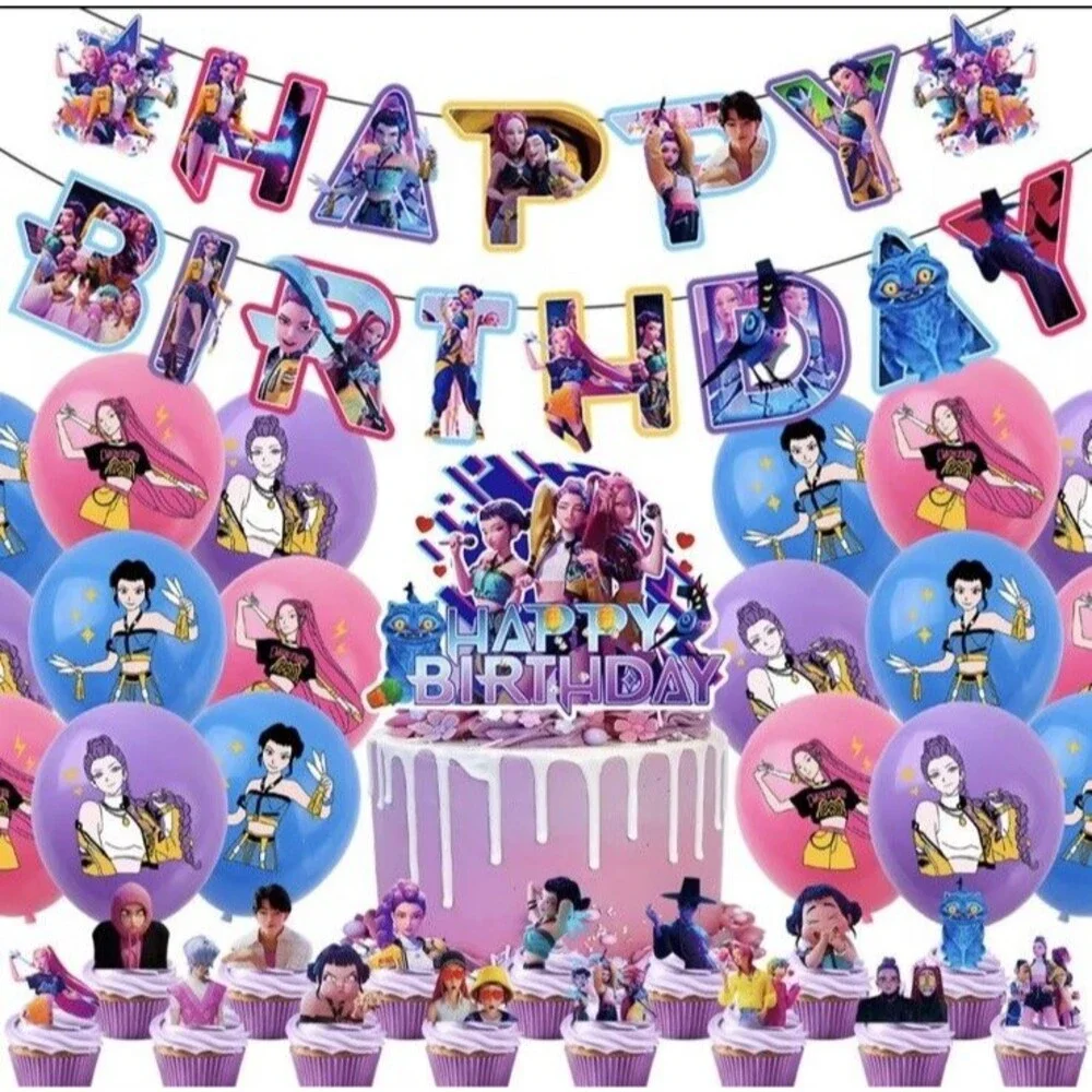 KPOP Hunters Birthday Party Supplies Balloons Cake Toppers Banner Lgr Backdrop